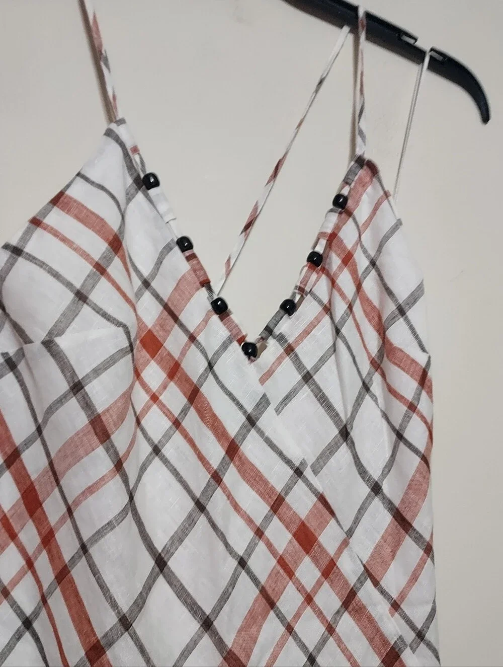 Zara 100% Linen Plaid Slip Strappy Casual Coastal  Maxi Dress with Beaded V-Neck